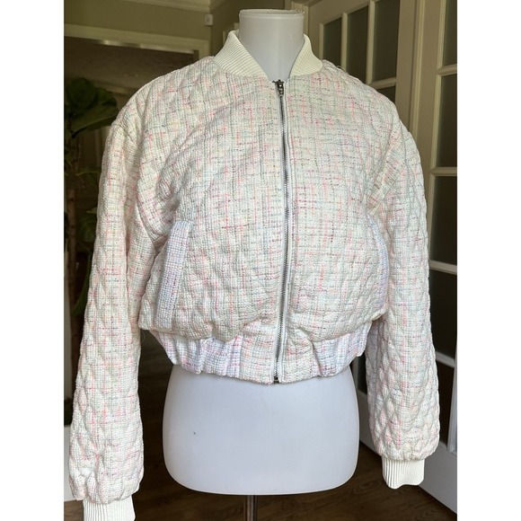 BLANKNYC Tweed Bomber Jacket Medium White Multicolor Zip Up Textured Womens $128 - Picture 3 of 13